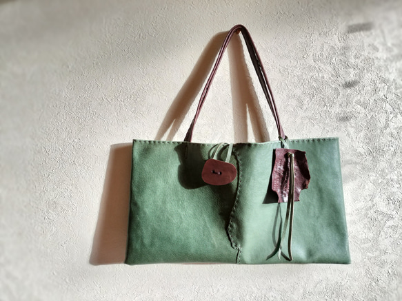 petanko tote　グラスグリーン✗チョコ　ピッグスキンレザー 3枚目の画像