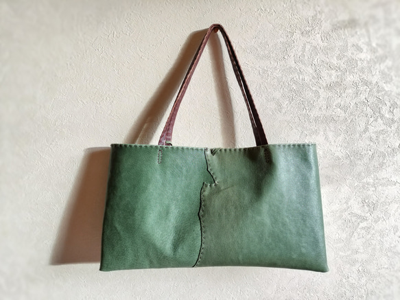 petanko tote　グラスグリーン✗チョコ　ピッグスキンレザー 10枚目の画像