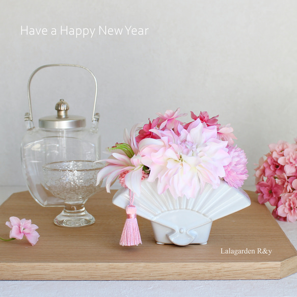 新春　華やか　お正月飾り　ひな祭りにも♪　春先まで飾れる　ピンク　アーティフィシャルフラワー　アレンジメント　O48　 1枚目の画像