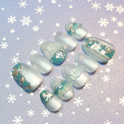 【DREAM】　ホワイトパールと水色にシルバーが映える冬のうるうるネイルチップ　♡うるキラ清楚な雪の妖精♡ 8枚目の画像