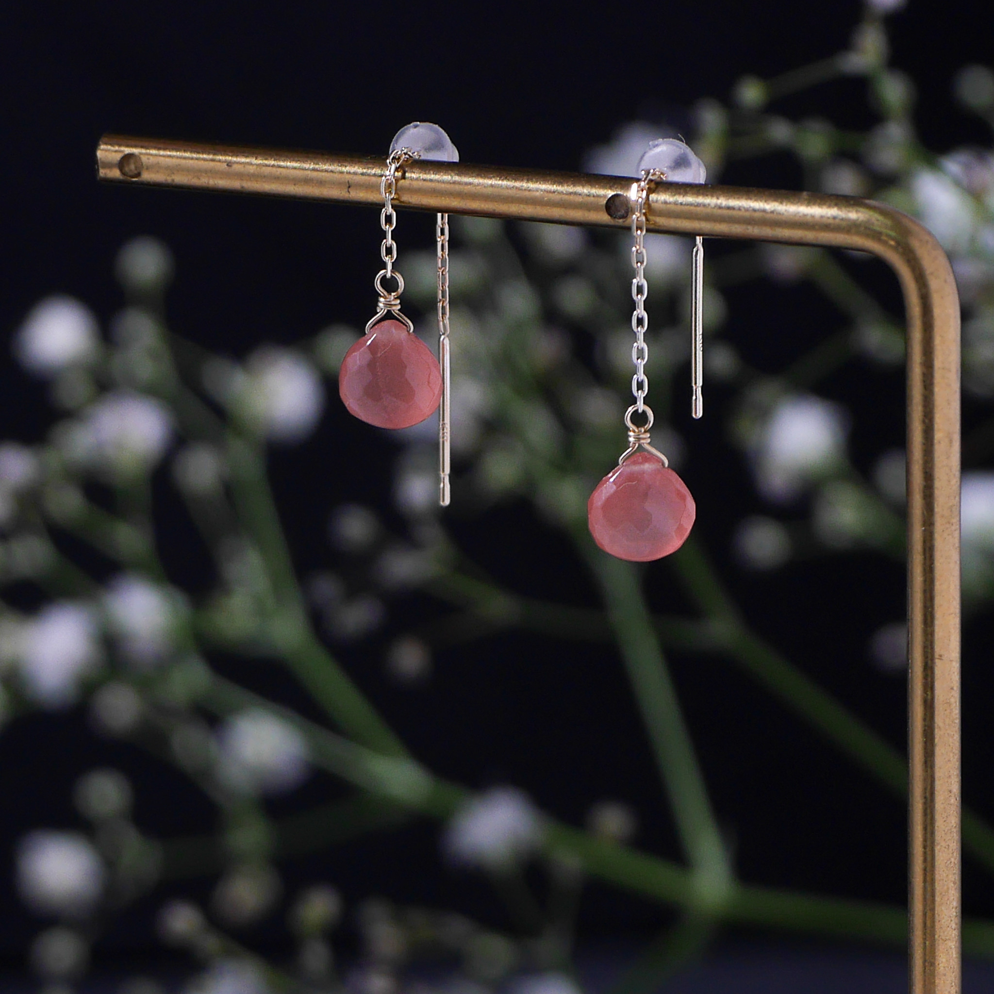 #980　K10極上カットペルー産インカローズ　ショートチェーンピアス