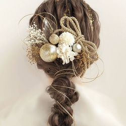 【金箔付】 髪飾り 白 水引 紐 成人式 卒業式 結婚式 ドライフラワー RC139 3枚目の画像