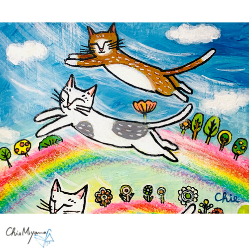 原画 北欧アート『空飛ぶ猫』 おしゃれ モダンアート 現代アート