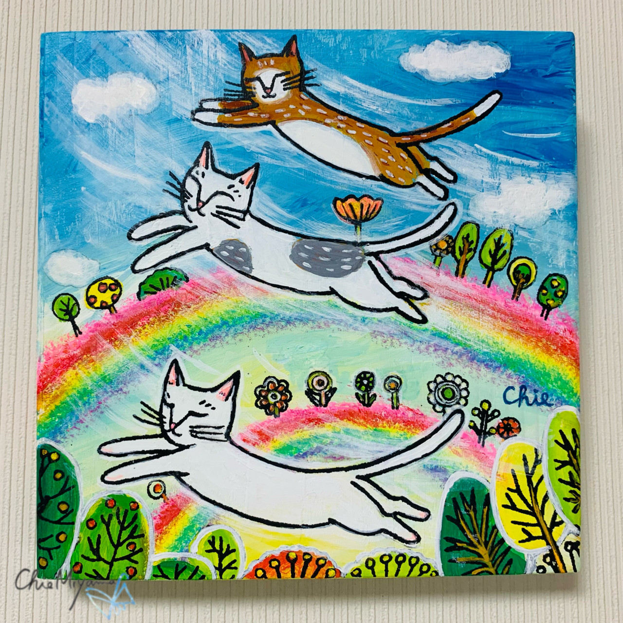 原画 北欧アート『空飛ぶ猫』 おしゃれ モダンアート 現代アート