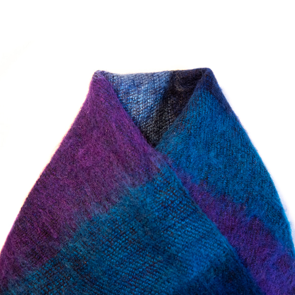 青x紫ストライプ、手織りカシミア、ミニスカーフ 152x28cm MOMOZONO archive 4枚目の画像