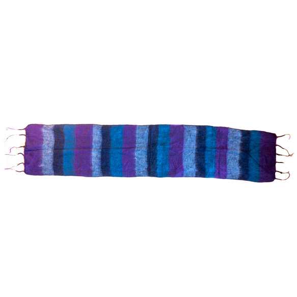 青x紫ストライプ、手織りカシミア、ミニスカーフ 152x28cm MOMOZONO archive 3枚目の画像