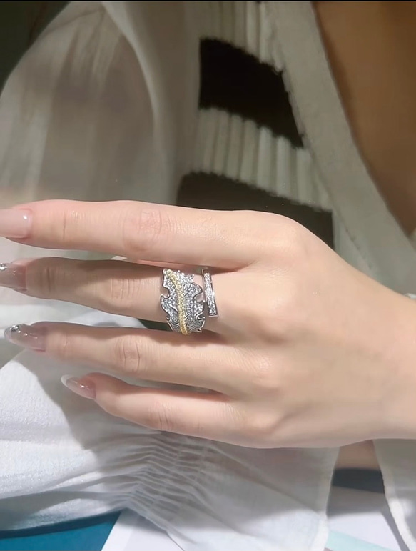 リーフ ゴールド パヴェ 高炭素ダイヤモンド キラキラ ゴージャス ラグジュアリー白 ホワイト 指輪 リング レトロ 7枚目の画像