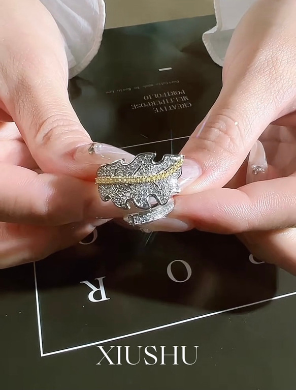 リーフ ゴールド パヴェ 高炭素ダイヤモンド キラキラ ゴージャス ラグジュアリー白 ホワイト 指輪 リング レトロ 9枚目の画像