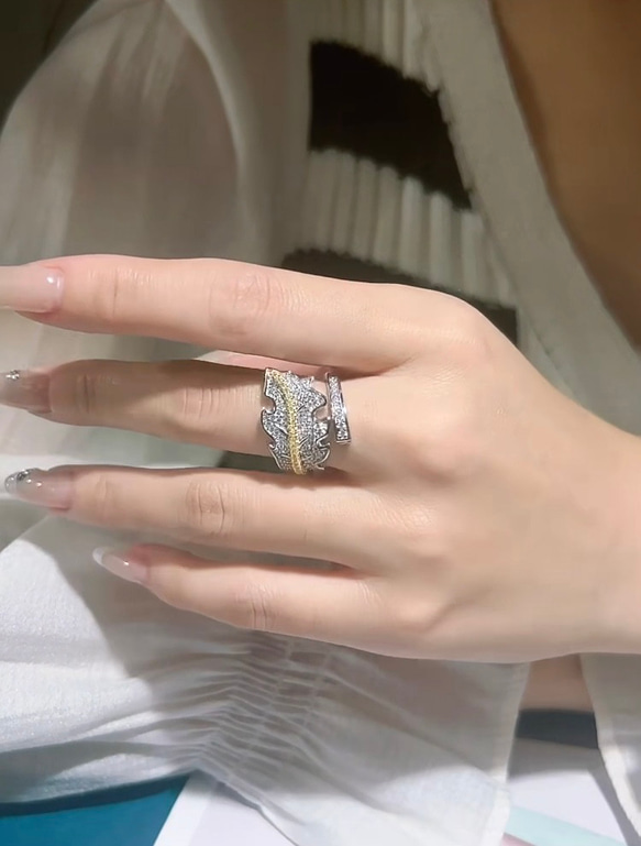 リーフ ゴールド パヴェ 高炭素ダイヤモンド キラキラ ゴージャス ラグジュアリー白 ホワイト 指輪 リング レトロ 8枚目の画像
