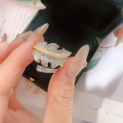 リーフ ゴールド パヴェ 高炭素ダイヤモンド キラキラ ゴージャス ラグジュアリー白 ホワイト 指輪 リング レトロ 12枚目の画像