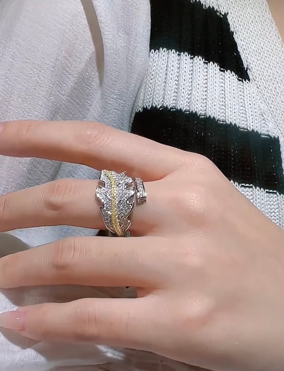 リーフ ゴールド パヴェ 高炭素ダイヤモンド キラキラ ゴージャス ラグジュアリー白 ホワイト 指輪 リング レトロ 11枚目の画像