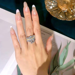 リーフ ゴールド パヴェ 高炭素ダイヤモンド キラキラ ゴージャス ラグジュアリー白 ホワイト 指輪 リング レトロ 5枚目の画像