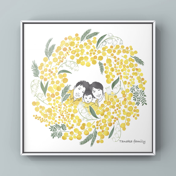 ミモザとスズランのリース｜似顔絵｜ポスター｜家族｜イラスト