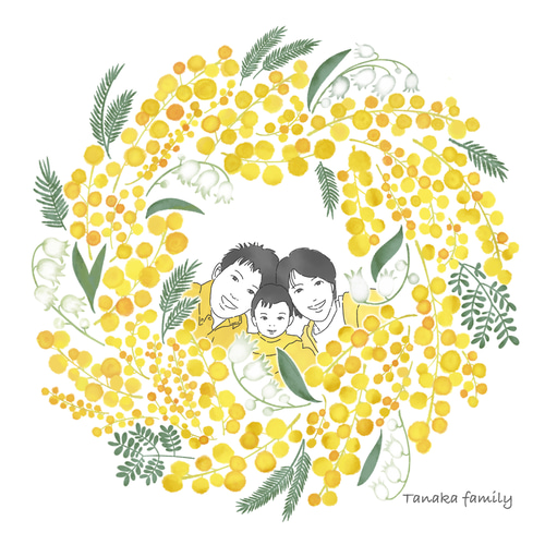 ミモザとスズランのリース｜似顔絵｜ポスター｜家族｜イラスト｜記念