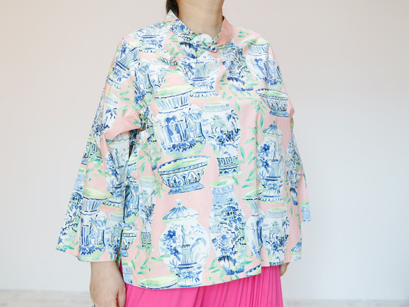 チャイナカラーブラウス ピンク　シノワズリな衿元　ゆったりデザイン 香港迷 1枚でキマるおしゃれ感が◎ 5枚目の画像
