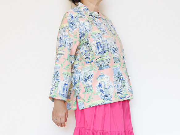 チャイナカラーブラウス ピンク　シノワズリな衿元　ゆったりデザイン 香港迷 1枚でキマるおしゃれ感が◎ 9枚目の画像