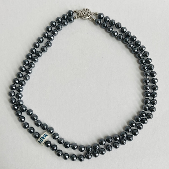 ガラスパールオールノット2連ネックレス/6mm約40cm43cm/ガンメタル/R/made in japan 1枚目の画像