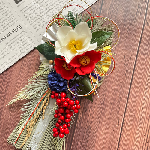 No.618 赤い実と紅白椿のしめ縄リース2024 ハンドメイドお正月飾り玄関