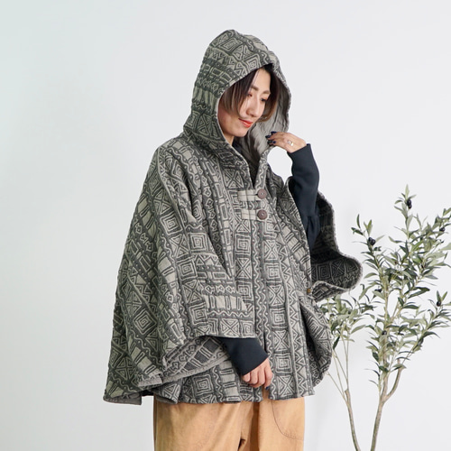 △廃盤△てるてるフードポンチョ/カーキ/三河木綿 コート UZUiRO