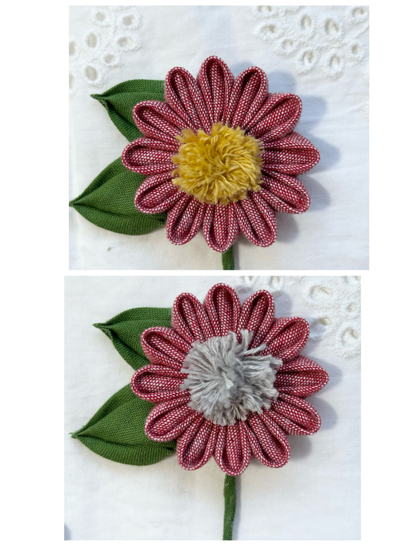 赤カラーデニムのお花が可愛い　つまみ細工ブローチ　選べる花芯　二重カン付き　ネックレスやバックチャームにも 2枚目の画像