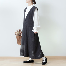 冬季 Cachecoeur 褶襉連身裙 - 羊毛人字紋/木炭色 第14張的照片