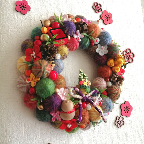 カラフルでにっこり❀毛糸玉の正月飾り〈門松・枡・米俵・ひょうたん