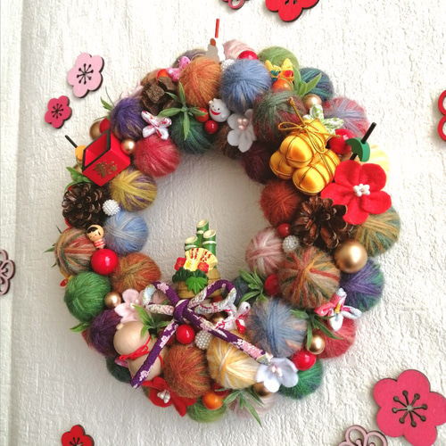 カラフルでにっこり❀毛糸玉の正月飾り〈門松・枡・米俵・ひょうたん