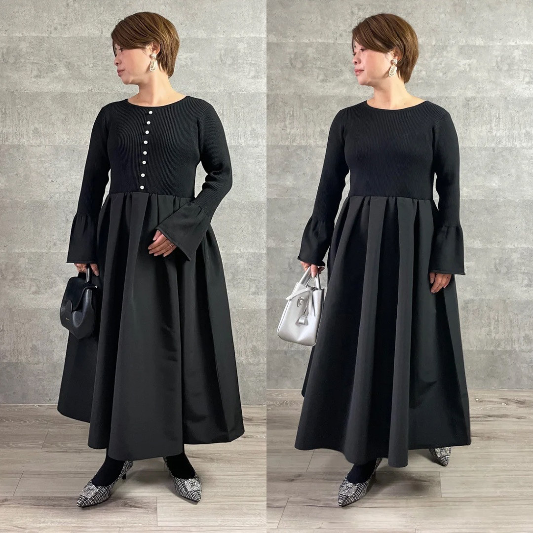 SALE【小柄S】華やかパール付き♡前後で着れるニット切り替ワンピース：卒業式 フォーマル KMC-720 901932