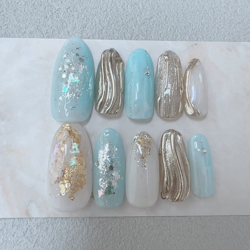 雫 水色 ネイルチップ ロング 金 ゴールド 長め 長い とんがり 爪長