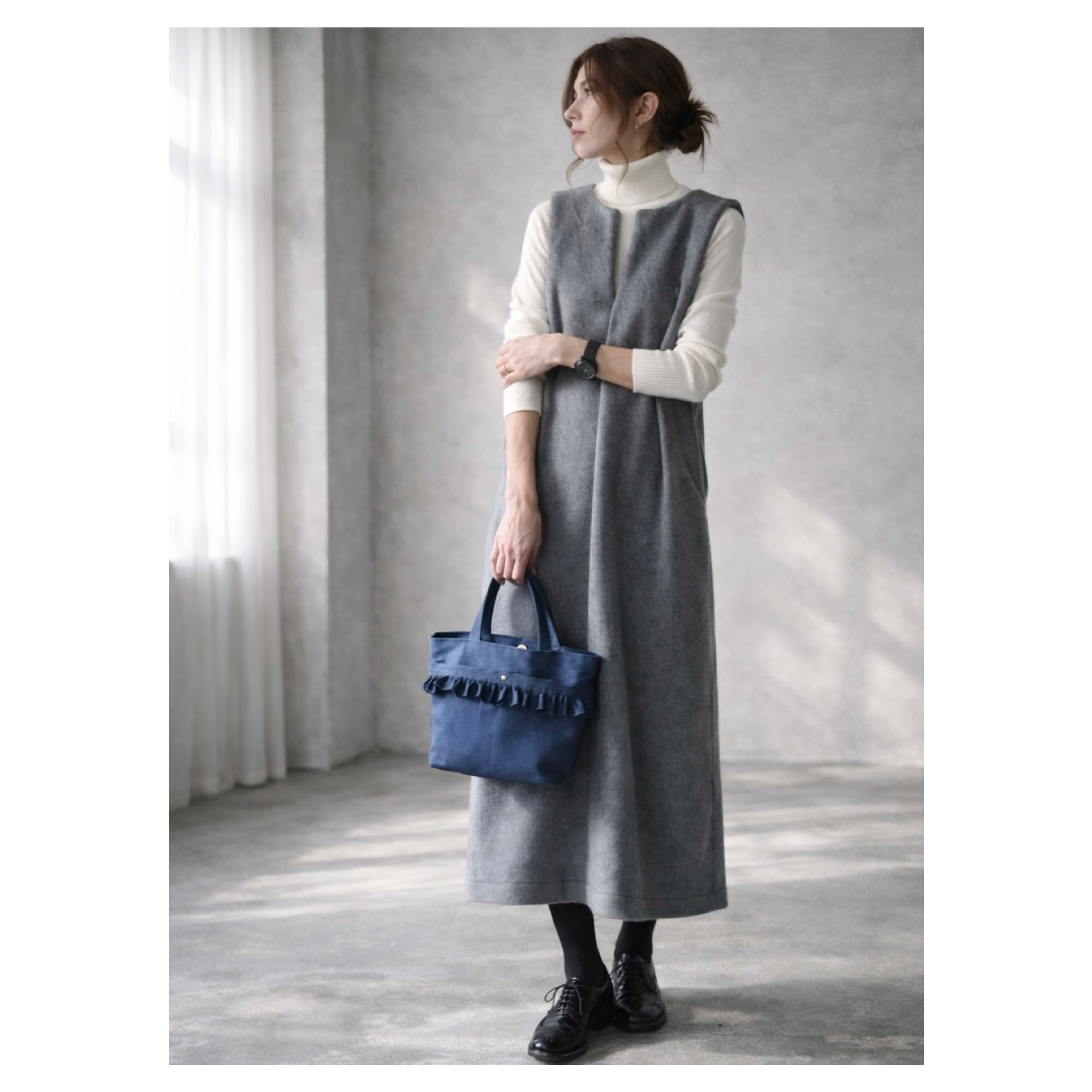 大人の冬モコモコ高級メルトンフリースワンピース／スラッシュネックワンピース／メルトンジャンパースカート／全9色／グレー