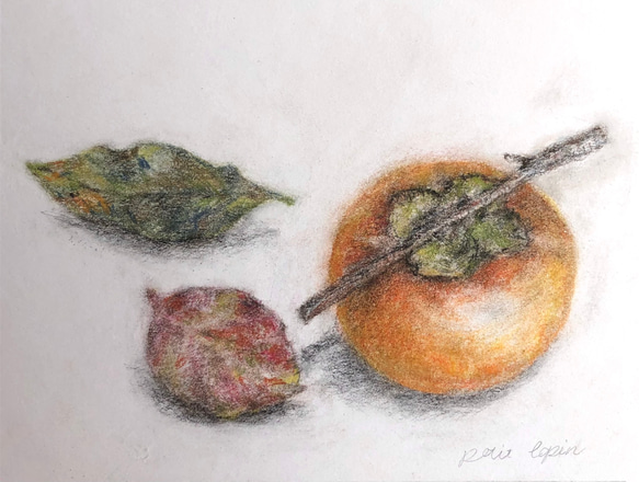 【柿と葉】原画 パステル色鉛筆画 2L判 額付き 9枚目の画像