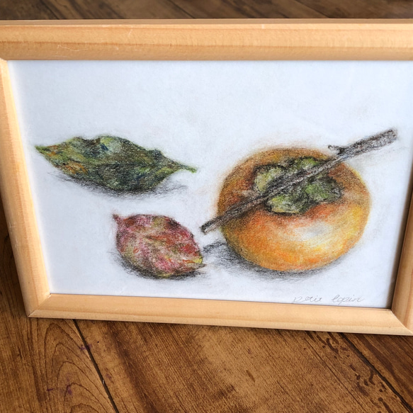 【柿と葉】原画 パステル色鉛筆画 2L判 額付き 7枚目の画像