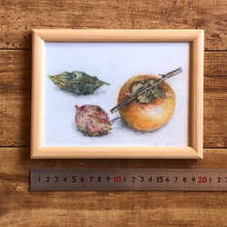 【柿と葉】原画 パステル色鉛筆画 2L判 額付き 4枚目の画像
