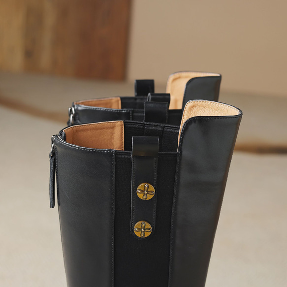 痩せて長足の牛革直筒ブーツ冬の金属ボタン真皮長靴22-24.5サイズ 3880 