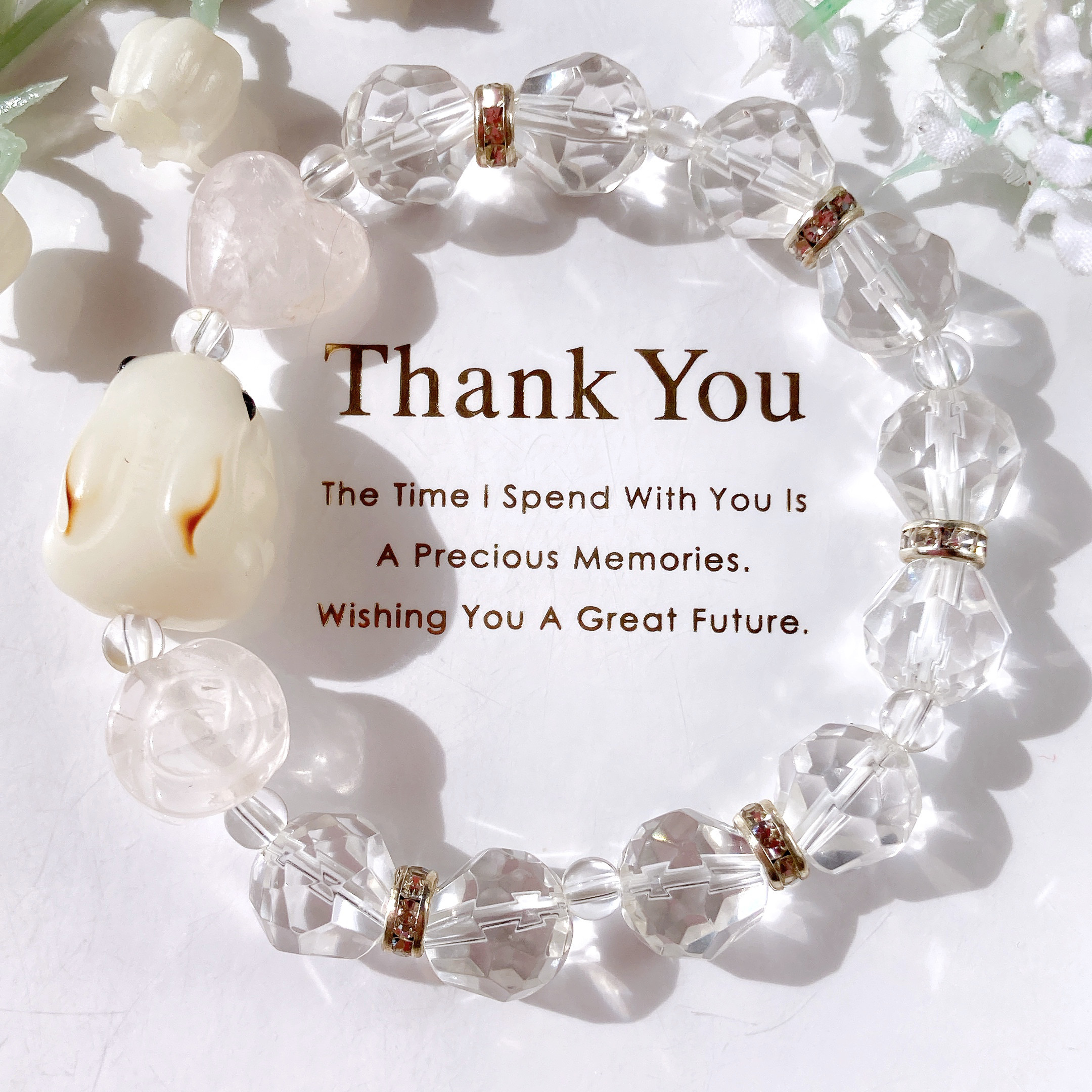 菩提根うさぎちゃん水晶リボン天然石ブレスレット