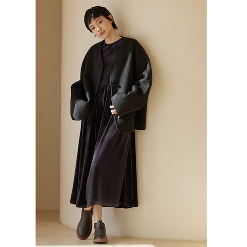 たれ感ありベルベットワンピース 丸襟ワンピース ブラック S-XL