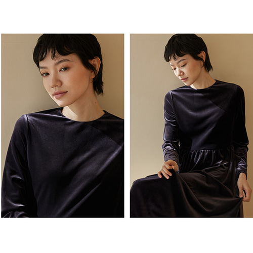 たれ感ありベルベットワンピース 丸襟ワンピース ブラック S-XL