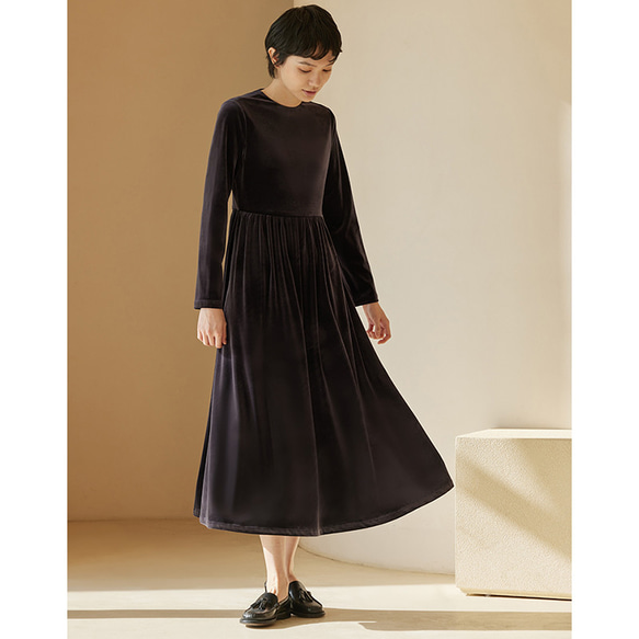たれ感ありベルベットワンピース 丸襟ワンピース ブラック S-XL たれ感ありベルベットワンピース 丸襟ワンピース ブラック S-XL
