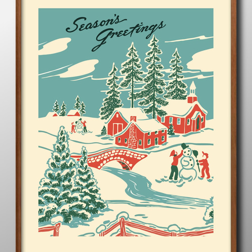 【アメリカで購入】クリスマスの風景画 サイズ81cm✕61cm 14384□アートポスター 絵画 A3サイズ『クリスマスの街並み』イラスト