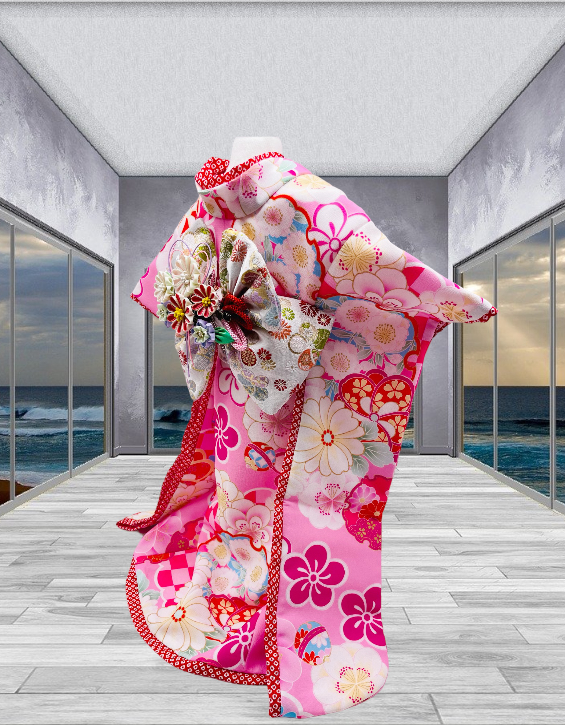 犬服　振り袖　着物　生地　確認　ハンドメイド オーダーメイド犬服の着物大振袖ー藤ものがたりお引きずり