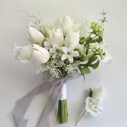 チューリップ♡白グリーンウェディングブーケ＆ブートニア【アーティ