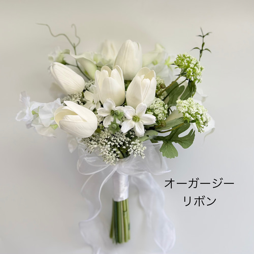 チューリップ♡白グリーンウェディングブーケ＆ブートニア【アーティ