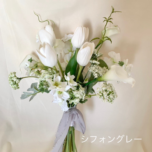 ウェディングブーケ　ブートニア　チューリップ　アーティシャルフラワー チューリップ♡白とグリーンのウェディングブーケ＆ブートニア