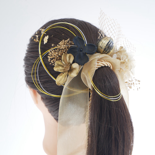 A131 ゴールド 組紐とオーガンジーリボン ドライフラワー 髪飾り 成人