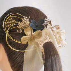 F1  ゴールド　組紐とオーガンジーリボン　ドライフラワー　　髪飾り 成人式　卒業式　振袖　結婚式　和装 4枚目の画像