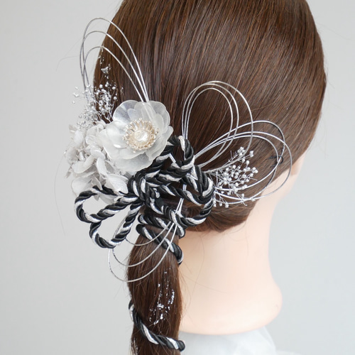 A135 ポニーテール 黒×シルバー 組紐 水引 ドライフラワー 髪飾り 成人