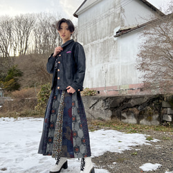 大島紬　24枚はぎギャザーフレア・スカート／高身長モデルサイズ 3枚目の画像