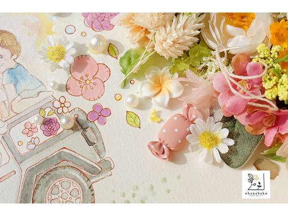 《ファミリーウェルカムボード・特別な日のお祝い》プリザーブドフラワー・ドライフラワーと水彩画の花ミクストメディアフレーム 8枚目の画像
