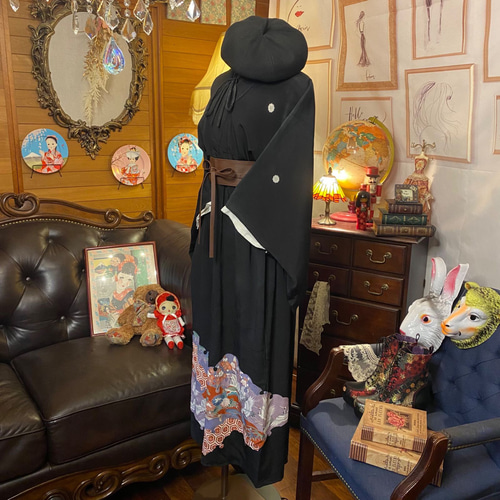 黒留袖 着物 和 モダン ハンドメイド リメイク ワンピース