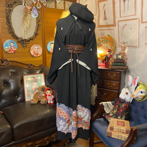 黒留袖 着物 和 モダン ハンドメイド リメイク ワンピース 黒留袖 着物 和 モダン ハンドメイド リメイク ワンピース